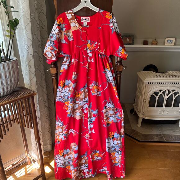 Vintage Nani Of Hawaii Maxi Hawaiian Dress 1970s Size 12 (small) Floral Red - Picture 1 of 11